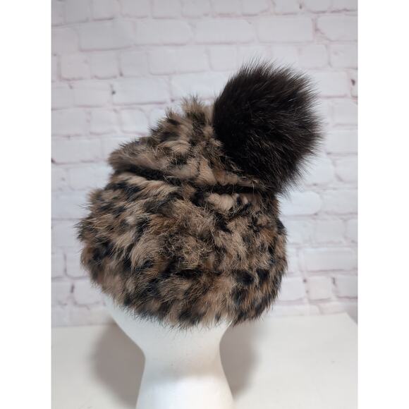 Marcus Adler New York Genuine Rabbit Fur Cheetah Print With Fox Pom Hat - Picture 5 of 12